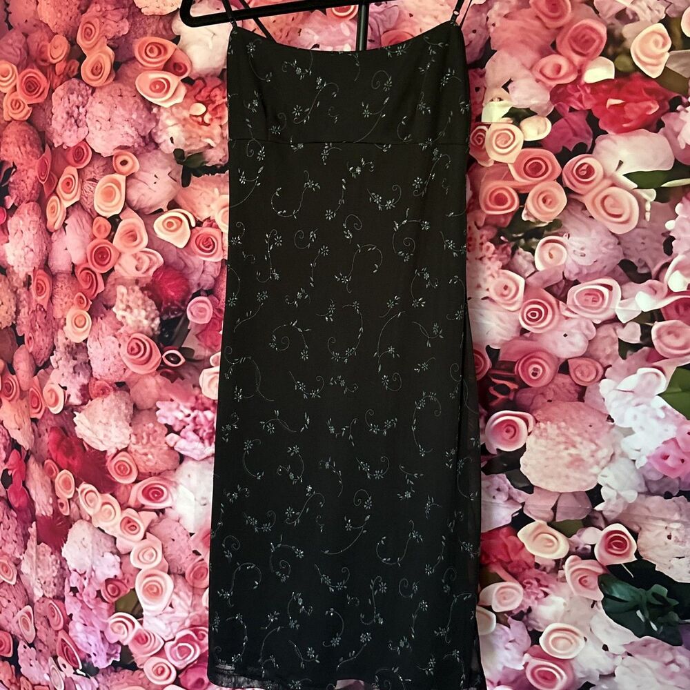 Vintage Jodi Kristopher Slip Dress Womens Small Black Floral Spaghetti Strap Y2K